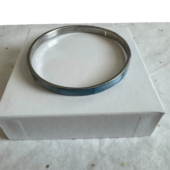 Bangle Bracelet. Silver Toned and Blue Mother of Pearl. - Picture 2 of 9